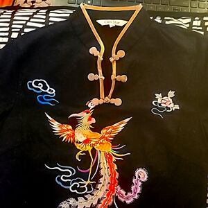 Phoenix and Flowers Multicolor Chinese Embroidered Black Top XS
